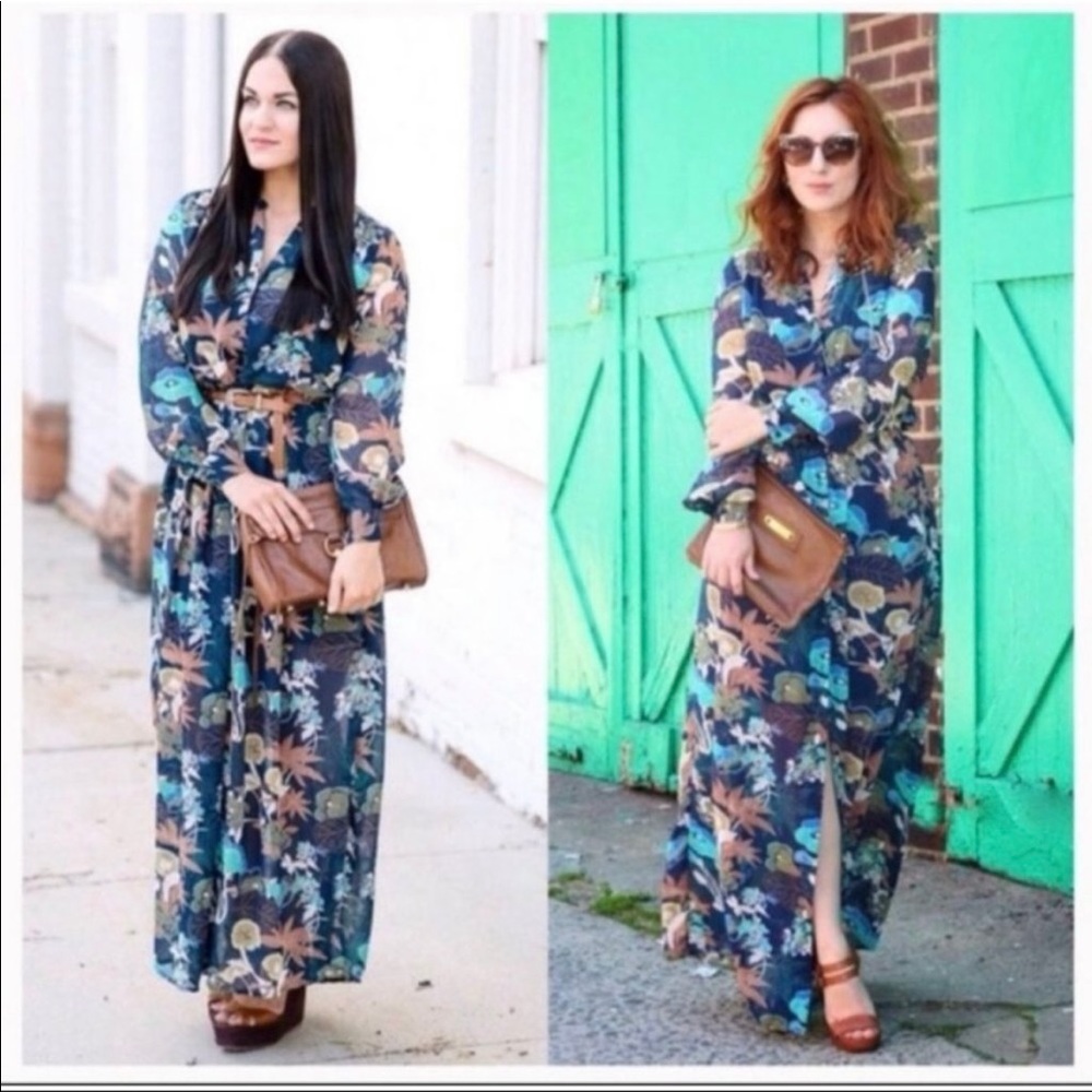 H&M Navy Floral Maxi Dress with Teal and Tan Accents